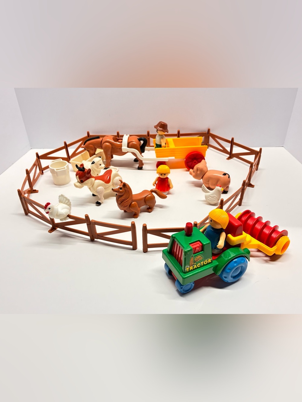 Vintage 1980s Playskool Lil Playmates Farm Set People, Tractor, Wagon, Animals